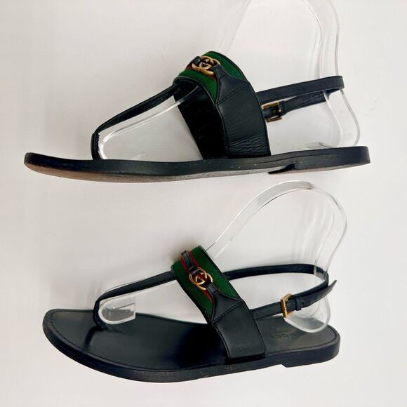 Gucci Siryo GG Web Strap Flat Leather Sandals Interlocking Black Thong EU 36.5 - Picture 4 of 12